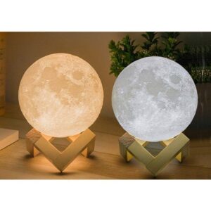 Small 3D Rechargeable Moon Lamp with Touch Control Adjust Brightness Moon Light with Stand, 2 Colors Led 3D Print Moon Night Light for Diwali Gift Ideas Art Decoration- 1 Pcs