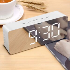 Digital LED Alarm Clock, Mirror Alarm Clock for Heavy Sleepers Kids Large LED Display with Snooze Time Temperature Function for Bedroom, Office, Travel Battery Powered & USB Powered