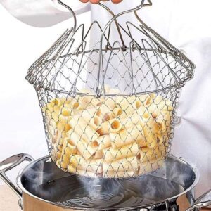 Multi-Function Stainless Steel Foldable Fry Basket | Chef Basket | Poaching Boiling Deep Frying Basket | Fruit Vegetable Rinsing Washing Cook Tool.