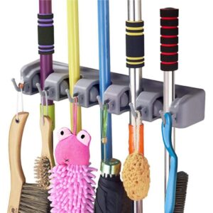 Magic Plastic Multipurpose Wall Mounted Hanging Organizer Broom Holder Stand 5 Positions with 6 Hooks Garage Storage up to 11 Tools Wall Mounted