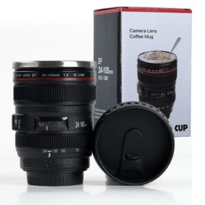 Camera Lens Shaped Coffee Mug with Lid, 400 ml, Black